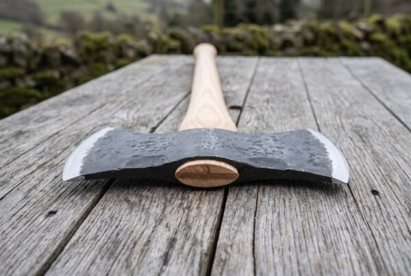 Hand forged double headed axe head in close view on a weathered table, both blade edges and the ash wood handle eye visible
