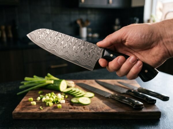 Hand holding a Damascus santoku knife with black horn handle over sliced cucumber and spring onion, more knives on the board