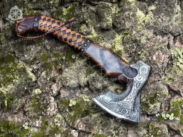 Viking Bearded Axe — Hand-Forged Damascus, 19″ Overall, Birch Wood Handle, Leather Blade Cover - view 2