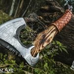 Viking Bearded Axe — Hand-Forged Damascus, 19" Overall, Birch Wood Handle, Leather Blade Cover — Pattern 10 (RK-356)