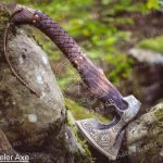 Viking Bearded Axe — Hand-Forged Damascus, 19" Overall, Birch Wood Handle, Leather Blade Cover (RK-369)