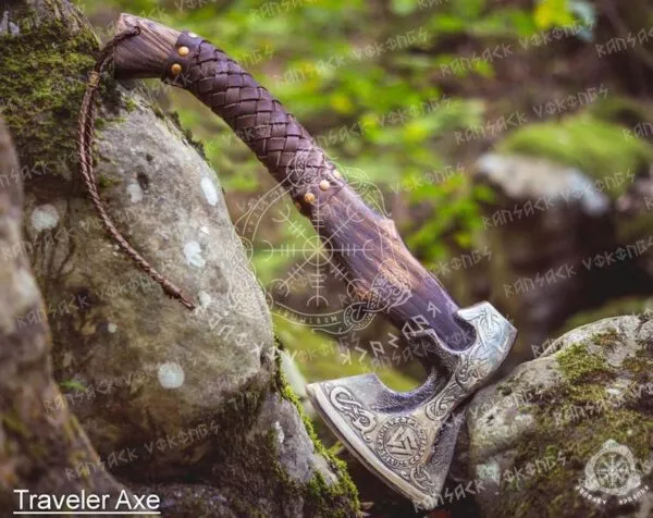 Viking Bearded Axe — Hand-Forged Damascus, 19″ Overall, Birch Wood Handle, Leather Blade Cover (RK-369)