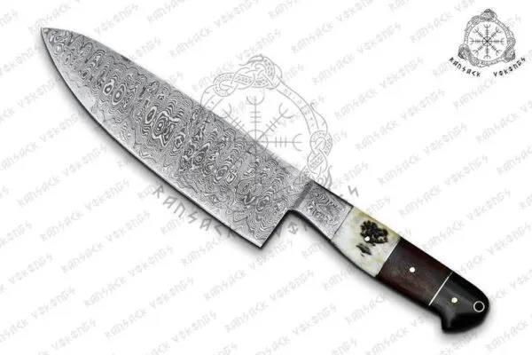 Damascus Santoku Chef Knife, Hand-Forged, Buffalo Horn Handle, Leather Sheath - view 2
