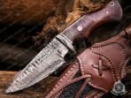 Damascus Skinner Knife — Hand-Forged, 9.7" Overall, Walnut Handle, Leather Sheath