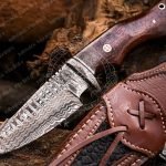 Damascus Skinner Knife — Hand-Forged, 9.7″ Overall, Walnut Handle, Leather Sheath