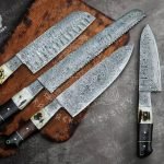 Damascus Santoku Chef Knife — Hand-Forged, Buffalo Horn Handle, Leather Sheath
