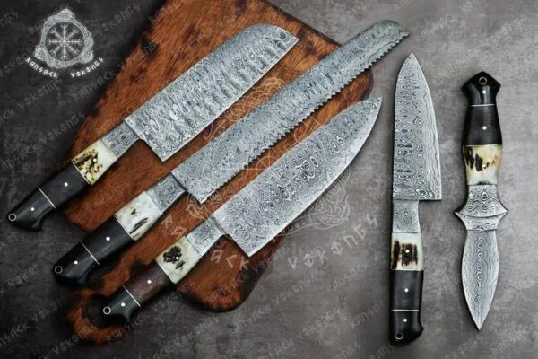Damascus Santoku Chef Knife, Hand-Forged, Buffalo Horn Handle, Leather Sheath