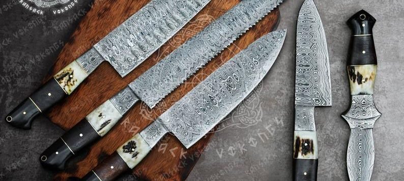 Damascus Santoku Chef Knife, Hand-Forged, Buffalo Horn Handle, Leather Sheath