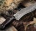 Damascus Gut Hook Hunting Knife, Hand-Forged, Wenge Wood Handle, Leather Sheath