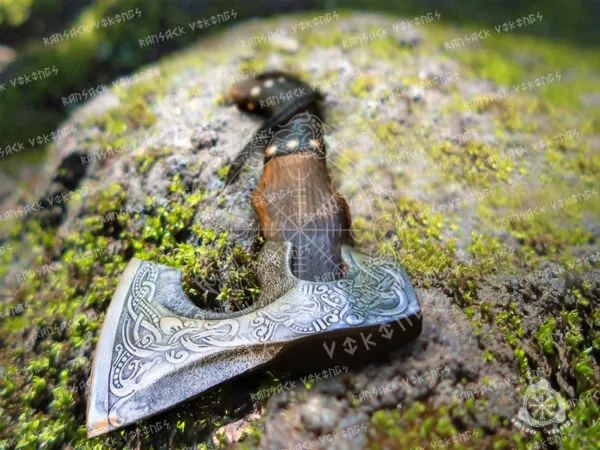 Viking Bearded Axe, Hand-Forged High-Carbon Steel, 19″ Overall, Birch Wood Handle, Leather Blade Cover - view 2