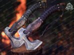 Viking Bearded Axe — Hand-Forged Damascus, 19" Overall, Birch Wood Handle, Leather Blade Cover – Style 2