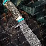 Damascus Hunting Knife — Hand-Forged, Stag Horn Handle, Leather Sheath (RK-343)
