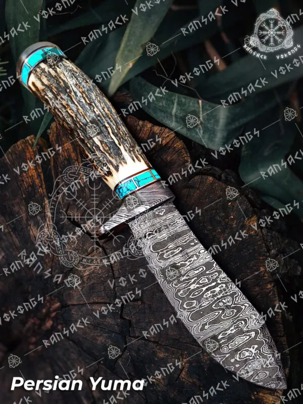 Damascus Hunting Knife, Hand-Forged, Stag Horn Handle, Leather Sheath (RK-343)