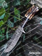 Damascus Skinner Knife — Hand-Forged, Stag Horn Handle, Leather Sheath