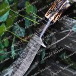 Damascus Skinner Knife — Hand-Forged, Stag Horn Handle, Leather Sheath