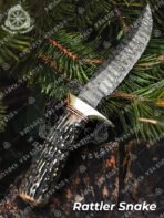 Damascus Hunting Knife — Hand-Forged, Stag Horn Handle, Leather Sheath (RK-339)