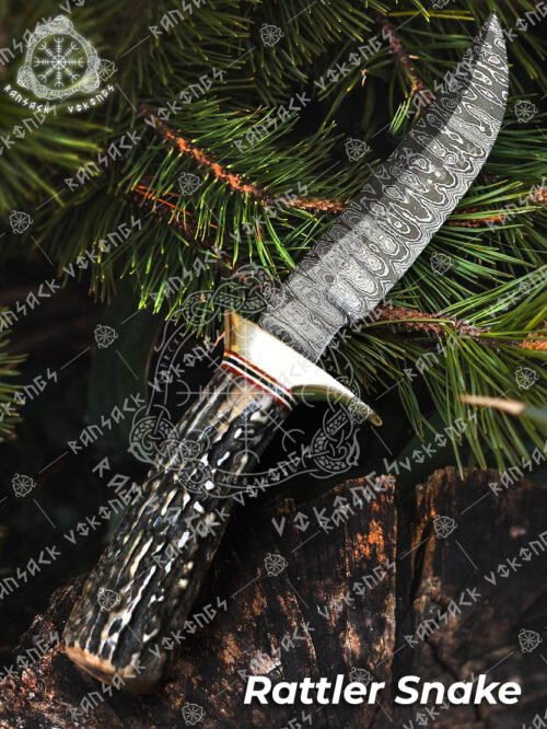 RK-339 Rattle Snake DAMASCUS HUNTING KNIFE, DAMASCUS FIXED BLADE KNIFE, DAMASCUS VIKING KNIFE, DAMASCUS DROP POINT KNIFE HAND MADE KNIVES GIFTS FOR MEN USA
