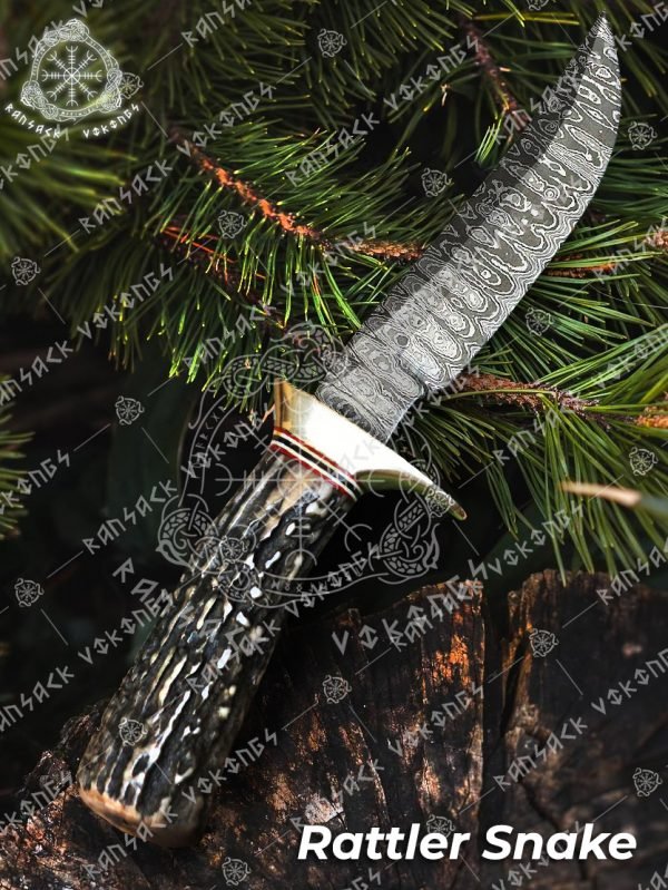 RK-339 Rattle Snake DAMASCUS HUNTING KNIFE, DAMASCUS FIXED BLADE KNIFE, DAMASCUS VIKING KNIFE, DAMASCUS DROP POINT KNIFE HAND MADE KNIVES GIFTS FOR MEN USA