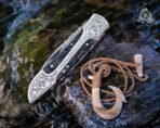 Damascus Folding Pocket Knife — Hand-Forged, Leather Sheath | Engraving Available (RK-335) - Image 5