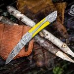 Damascus Folding Pocket Knife — Hand-Forged, Leather Sheath | Engraving Available