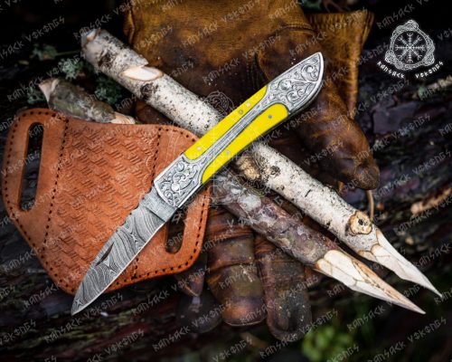 RK-336 Victorian Bagde Damascus Pocket knife, Folding blade, Every Day Carry Knife , Damascus Folder, Best Gift For Him, Engraved Handle Handmade Knife for Men USA