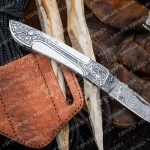 Damascus Folding Pocket Knife — Hand-Forged, Leather Sheath | Engraving Available (RK-332)