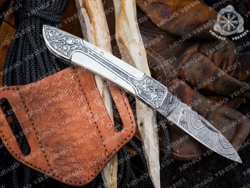 RK-332 V3 Victorian White Damascus Pocket knife, Folding blade, Every Day Carry Knife , Damascus Folder, Best Gift For Him, Engraved Handle Handmade Knife for Men USA