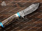 Damascus Hunting Knife — Hand-Forged, Stag Horn Handle, Leather Sheath (RK-343) - Image 4