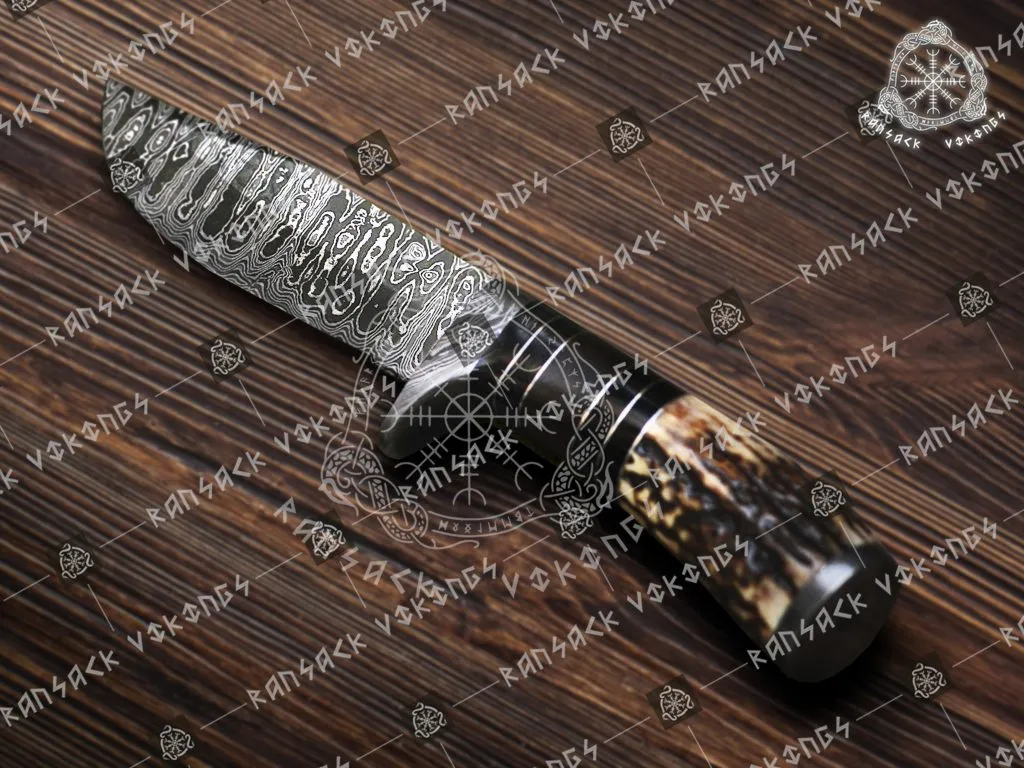 Damascus Skinner Knife, Hand-Forged, Stag Horn Handle, Leather Sheath - view 2