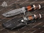Damascus Hunting Knife — Hand-Forged, Stag Horn Handle, Leather Sheath - Image 4