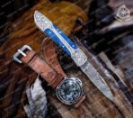 Damascus Folding Pocket Knife — Hand-Forged, Leather Sheath | Engraving Available (RK-34) - Image 7