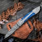 Damascus Folding Pocket Knife — Hand-Forged, Leather Sheath | Engraving Available (RK-34)