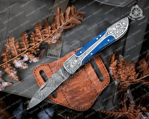 RK-34 Victorian Blue Damascus Pocket knife, Folding blade, Every Day Carry Knife , Damascus Folder, Best Gift For Him, Engraved Handle Handmade Knife for Men USA