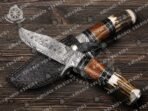 Damascus Hunting Knife — Hand-Forged, Stag Horn Handle, Leather Sheath - Image 3
