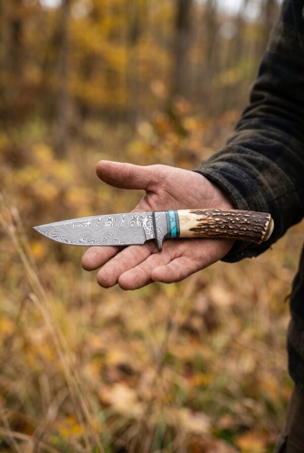 Damascus hunting knife with stag antler handle and turquoise spacer held in an open hand in an autumn field