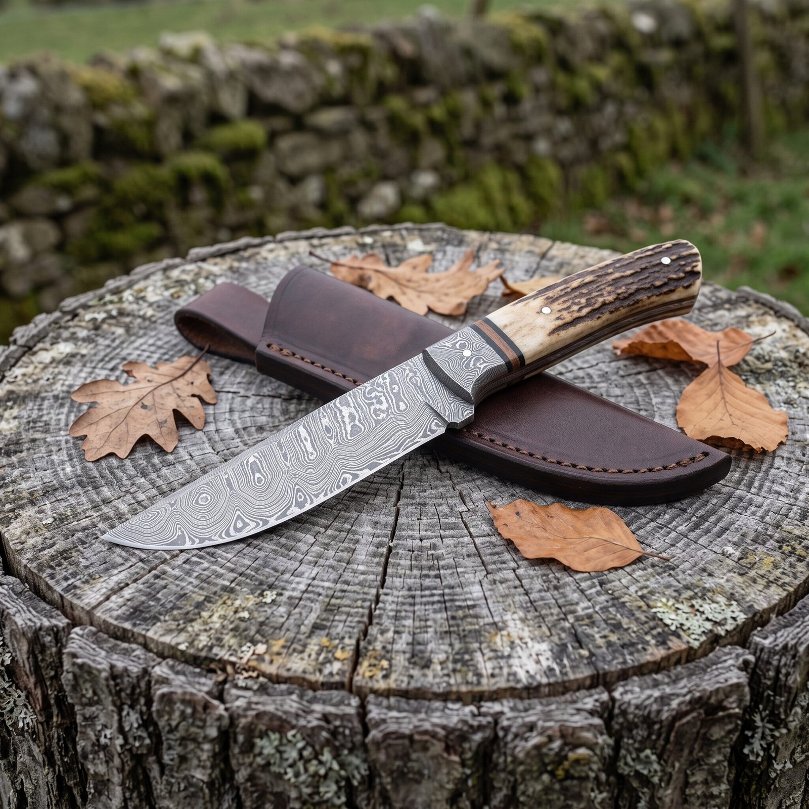 Damascus skinner knife with stag antler handle on a tree stump beside its brown leather sheath and oak leaves Damascus skinner knife with stag antler handle on a tree stump beside its brown leather sheath and oak leaves