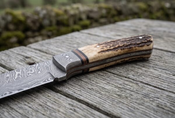 Damascus steel skinner knife with stag antler handle and Damascus bolster lying on weathered wood, handle and spacers in close view