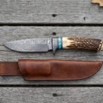 Yumastag Hand Forged Damascus Hunting Knife with Stag Antler Handle and Turquoise Spacer and Damascus Guard & Leather Sheath | Hunting Collector Gift | RK-343
