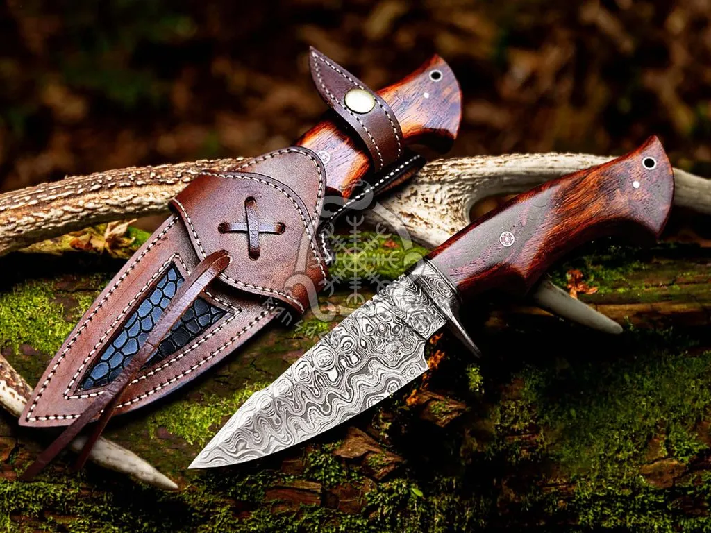 Damascus Skinner Knife, Hand-Forged, 9.7″ Overall, Walnut Handle, Leather Sheath (RK-331)