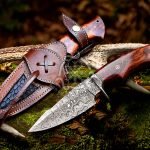 Damascus Skinner Knife — Hand-Forged, 9.7″ Overall, Walnut Handle, Leather Sheath (RK-331)