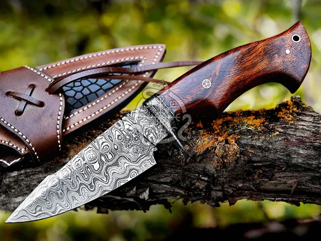 Damascus Skinner Knife, Hand-Forged, 9.7″ Overall, Walnut Handle, Leather Sheath (RK-331) - view 2