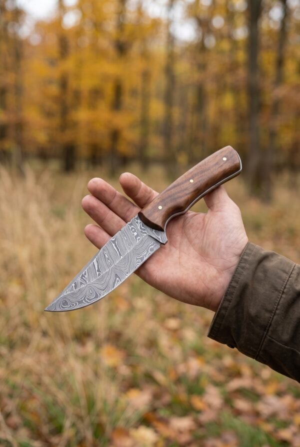 Full tang Damascus skinner knife with walnut wood handle held in one hand in an autumn forest