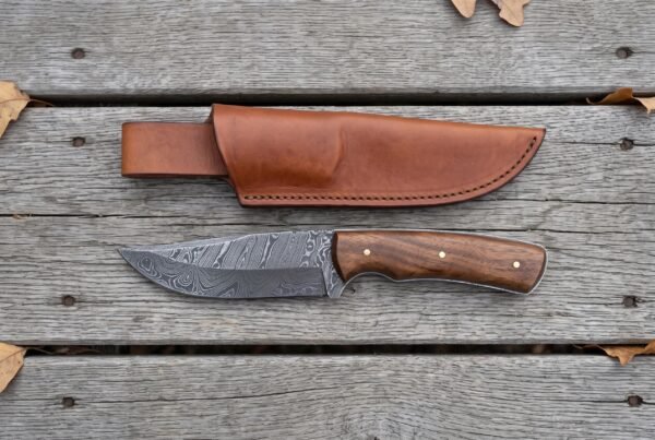 Bobcat Hand Forged Damascus Skinner Knife with Walnut Wood Handle & Leather Sheath | Full Tang Hunting and Skinning Gift | RK-331