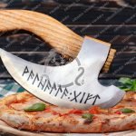 Pizza Axe — Hand-Forged Stainless Steel, Olive Wood Handle, Leather Blade Cover | Engraving Available