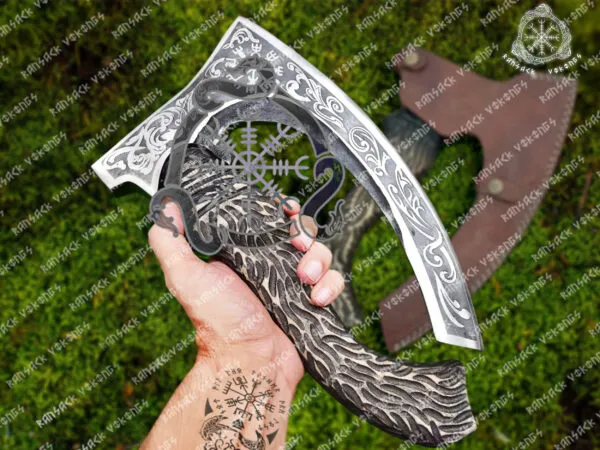Ravenfeast Hand Forged Stainless Steel Raven Pizza Axe | 12 Inch Handle | Olive Wood Handle with Veg Tanned Leather Blade