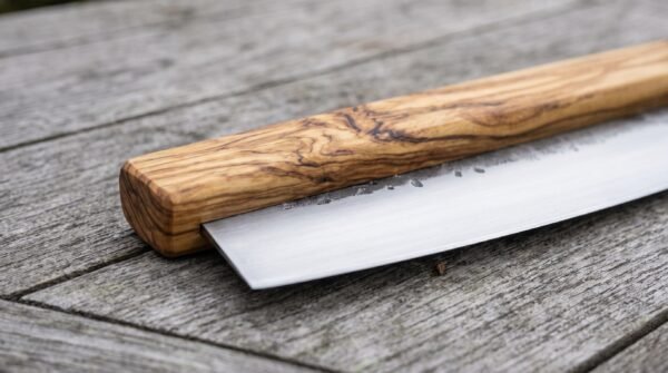 Close view of the olive wood handle grain and polished stainless steel blade of the pizza cutter on a grey wooden table