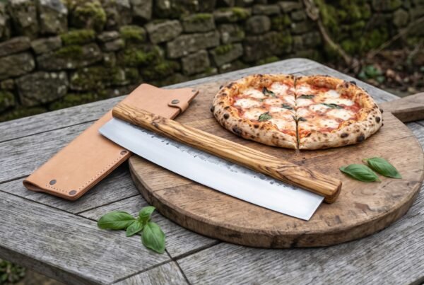 Stainless steel rocking pizza cutter with olive wood handle on a wooden board beside a sliced pizza and leather cover