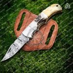 Damascus Folding Pocket Knife — Hand-Forged, 6.5″ Overall, Bone Handle, Leather Sheath