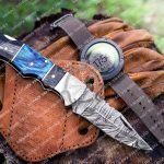 Damascus Folding Pocket Knife — Hand-Forged, 6.5" Overall, Pakka Wood Handle, Leather Sheath