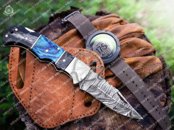 Damascus Folding Pocket Knife — Hand-Forged, 6.5″ Overall, Pakka Wood Handle, Leather Sheath